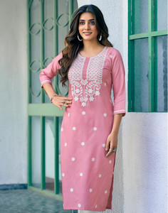Skylee Women Chikan Embroidery, Embellished, Dyed/Ombre, Self Design Straight Kurta