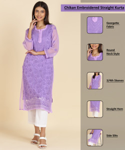 RANGAA NAWAAB Women Chikan Embroidery, Embroidered, Washed Straight Kurta