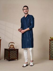 ADHIRAJAN Men Chikan Embroidery Straight Kurta