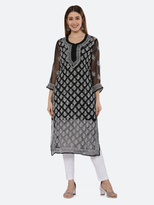 FAWOMENT Women Chikan Embroidery Straight Kurta