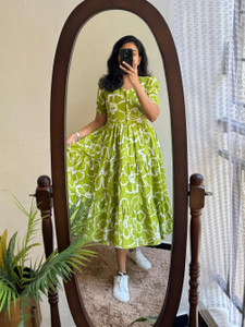 AURIPRX Women Fit and Flare Green, White Midi/Calf Length Dress