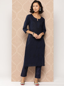 Yufta Women Chikan Embroidery Straight Kurta