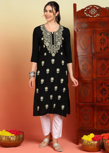 TOP N THREAD Women Chikan Embroidery Straight Kurta