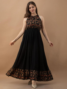 PURSHOTTAM WALA Women Fit and Flare Black Maxi/Full Length Dress
