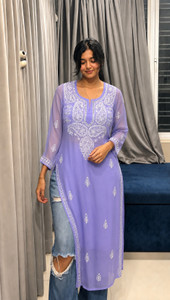 Lucknowi Chikankari Women Embroidered, Chikan Embroidery, Embellished, Floral Print A-line Kurta