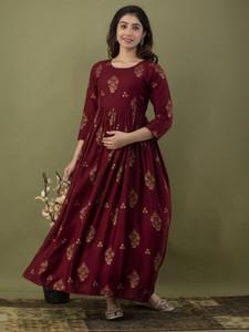 HYTEN Women Gown Maroon, Gold Midi/Calf Length Dress