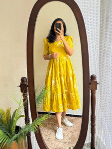 KR GLOBAL ENTERPRISES Women Ethnic Dress Yellow Knee Length Dress
