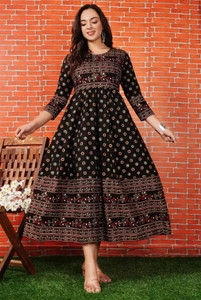 ANGINI Women Block Print Anarkali Kurta
