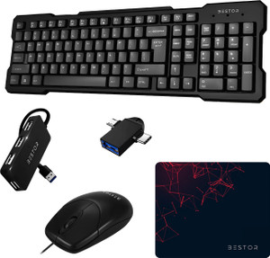 Bestor Set of 5 Combo,USB Wired Keyboard,Wire Mouse,Mouse Pad, Otg Adapter,4port HUB Combo Set