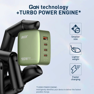 Acer PowerMax 100W GaN Super Fast Charger | 4-Port USB (1A3C) PD Charger 100 W Adapter