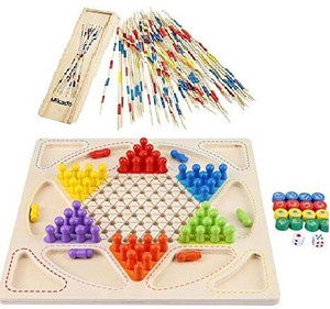TRU TOYS Wooden Frame Chinese Checkers + 2 In 1 Ludo + Mikado Stick Combo Set Board Games Strategy & War Board Game