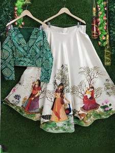 kaizen International Bandhani, Floral Print, Printed, Digital Print Semi Stitched Lehenga & Crop Top