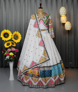 Shubh Viyan Textiles Bandhani, Floral Print, Printed, Geometric Print, Leheriya, Digital Print Semi Stitched Lehenga Choli