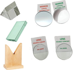 SBT Optical Set| Set of Convex  50 mm, Concave  50 mm, Convex Mirror 50 mm, Concave Mirror 50 mm, Prism 50 mm x 50mm x 50mm, Glass Slab 75 x 50 x 18mm, Mirror/ Stand Macro Zoom  Lens