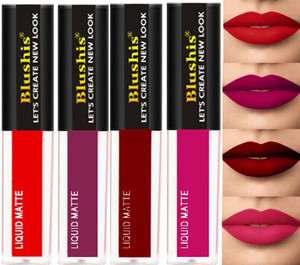 BLUSHIS Non Transfer Insta Beauty Waterproof Longlast SensationaL Liquid Matte Mini Lipstick Combo Pack Of 4 Red ,Purple Maroon and Magenta Colour Shade
