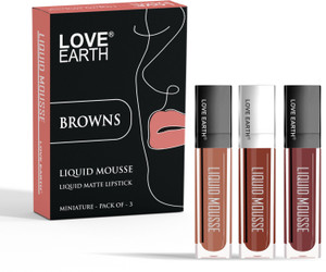 लव अर्थ Liquid Mousse Lipstick Browns Matte Finish Mini Pack of 3, Waterproof Lipstick