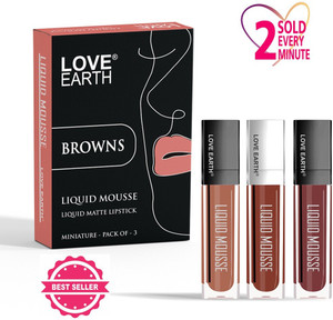 LOVE EARTH Liquid Mousse Lipstick Browns Matte Finish Mini Pack of 3, Waterproof Lipstick