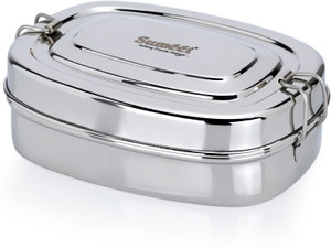 Sumeet Stainless Steel Rectangle Lunch Box with 2 Compartments & Locking Clip,650ML 1 Containers Lunch Box