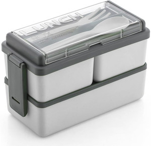 DDecora Compartment Grey Color with Spoon and Fork Office School 3 Containers Lunch Box