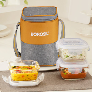 बोरोसिल Zest Glass Lunchbox, 3pc Square Set (320ml Each), Office Tiffin Box 3 कंटेनर लंच बॉक्स