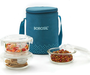 बोरोसिल Teal Lunch Box with Bag, 3 Pc (400 ml x 3 Round), Glass Office Tiifin 3 कंटेनर लंच बॉक्स