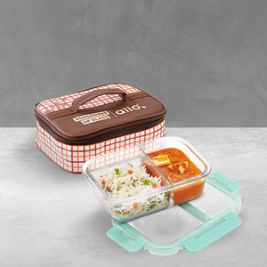 अलो FoodSafe Glass Lunch Box,Microwave Safe Tiffin with Cocoa Brown Lunch Bag, 1 कंटेनर लंच बॉक्स