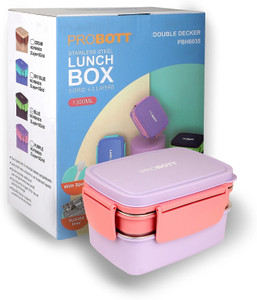PROBOTT Double Dcker Stainless Steel Lunch Box, 2 Layers with 3 Compartment and 1Spoon, 2 Containers Lunch Box