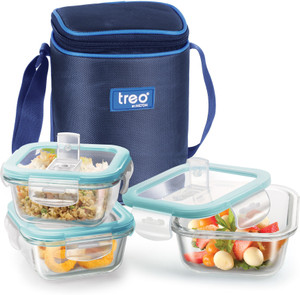 ट्रीओ All Fresh Square Glass Tiffin With Jacket, 3 Containers, 320 ml Each, Blue 3 कंटेनर लंच बॉक्स