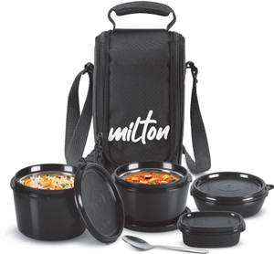 MILTON ProMunch 3 Inner Steel Containers 180,320,450ml, Plastic Dabba 100ml Spoon & Bag 4 Containers Lunch Box