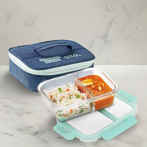 अलो FoodSafe Glass Lunch Box,Microwave Safe Tiffin with Denim Blue Lunch Bag, 1 कंटेनर लंच बॉक्स