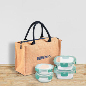 अलो FoodSafe Glass Lunch Box,Microwave Safe Tiffin with Beinge Lunch Bag, 4 कंटेनर लंच बॉक्स