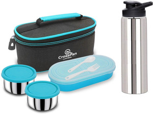 CrossPan Stainless Steel Lunch Box / Tiffin Box with 750 ml Sports Water Bottle 3 Containers Lunch Box