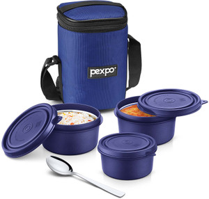 पेक्सपो Steel Micro Pro Lunch Box Blue Bag with Microwave safe Blue container, 1 Spoon 3 कंटेनर लंच बॉक्स