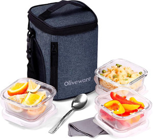 Oliveware Ivy Glassware Lunchbox|Borosilicate Glass Lunchbox Microwave Proof 3 Containers Lunch Box