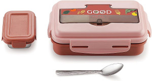 GALOOF 2 Compartment Stainless Steel Lunch Box for School Kids with Veg Box and Spoon 2 Containers Lunch Box