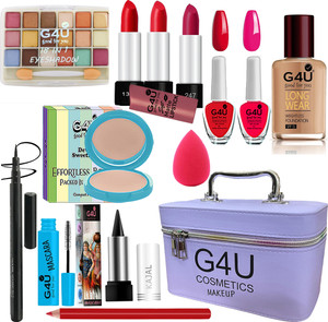 G4U All in One Makeup Kit Gift Set,High Quality Eyeshadow, Waterproof Black Eyeliner Pen,Foundation, 3 Lipsticks,Kajal,Lip Liner,Puff,Mascara, 2 nail Polish,Compact ,Perfect for Party makeup Casual makeup Wedding makeup With Makeup Box (Set Of 18Pcs) ST 57