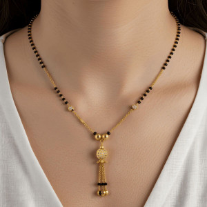 BeMine Jewellery Gold-Plated Long Mangalsutra with Hanging CZ Ball Pendant & Ghungroo Tassels Brass Mangalsutra