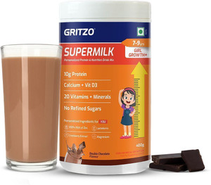 Gritzo SuperMilk Growth+ (7-9y Girls), 10g Protein Powder, Double Chocolate