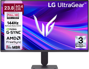 LG UltraGear 60.96 cm (24 inch) Full HD IPS Panel 24-inch FHD (1920x1080) IPS display, 120Hz (O/C 144Hz) refresh rate / 1ms MBR, NVIDIA G-SYNC Compatible / AMD FreeSync Premium Pro Monitor (24G411A-BB.ATREMVL)