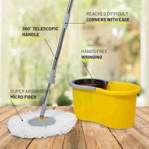एस्क्विरे Yellow Plastic Spin Mop Set Single Bucket Mop वैट और ड्राई मोप
