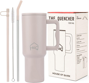 HOUSE OF QUIRK 1200ML Stainless Steel Tumbler Hot and Cold with Handle and Lid 2 Straw Oatmeal Stainless Steel Tumbler