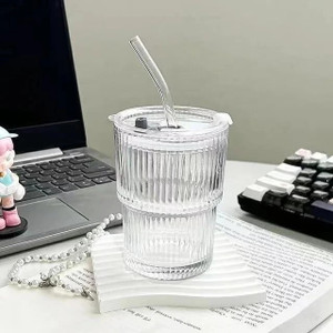 जिग्श्चियल Drinking Coffee Cup Sipper Glass with Straw and lid ग्लास मग