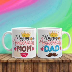 Yashukraft MoM DAD Anniversary Printed Ceramic Coffee Set | Gift for Parents(Pack of 2) Ceramic Coffee Mug