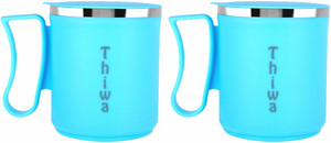 Thiwa Skyblue Coffee mug with steel and Food Grade plastic use coffee mug with lid Plastic, Stainless Steel Coffee Mug