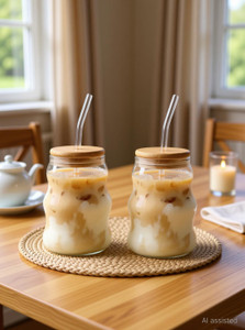 Bien Verrerie Wooden Lid Glass Sipper Tumbler with Straw Glass Tumbler
