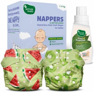Mother Sparsh Nappers Pack of 2 Cloth Diaper+Soaker Pad With Baby Detergent 200ml-(Melon+Kiwi)