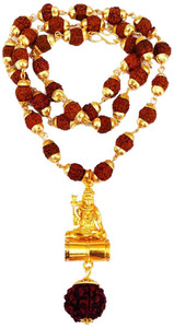 लेटनिक्स Religious Jewellery Cap Mala With Aashan Shivji Damru Pendant Locket 8mm 36 beads mala गोल्ड प्लेटेड पीतल, लकड़ी चेन