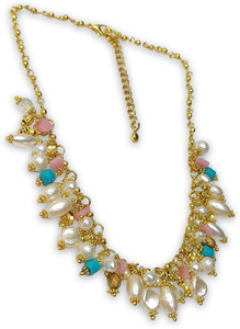 DCA DCA Elegant Gold Chain Cluster Necklace with Pearls & Multi-Color Stone Charms Glass Necklace