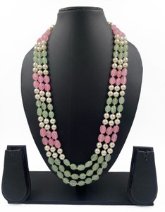 POWER OF KESHVAM Pink And Pista Jade Stone Necklace, Stylish Pink Jade Stone for Elegant Style Gold-plated Plated Crystal Layered