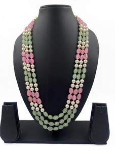 POWER OF KESHVAM Pink And Pista Jade Stone Necklace, Stylish Pink Jade Stone for Elegant Style Gold-plated Plated Crystal Layered
